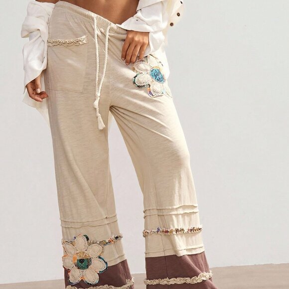 Apricot Boho Women's Vacation Casual Knit Patchwork Loose Pants - Picture 4 of 7